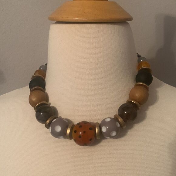 Choker Glass Wood Beads Statement Necklace - Picture 1 of 5
